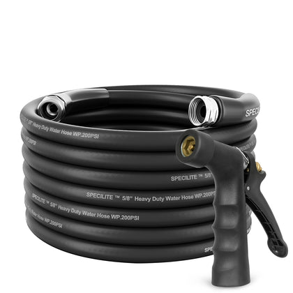 SPECILITE hose coiled for storage, flexible for yard tasks.