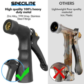 SPECILITE hose beside garden tools, ideal for car washing.