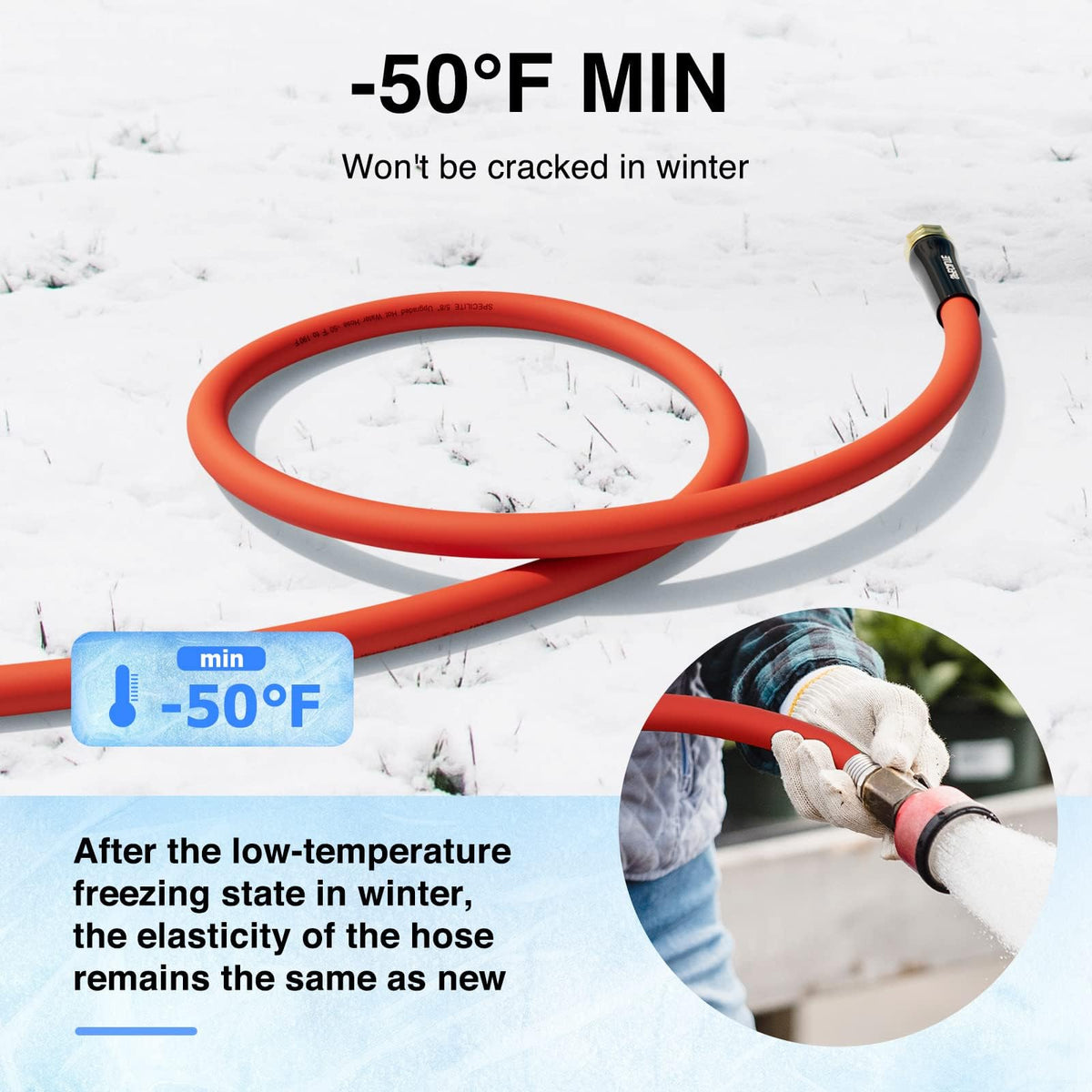 SPECILITE freeze-resilient hose stays flexible at -50°F.