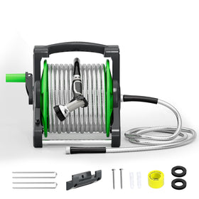 SPECILITE hose reel wall mount shown with 75 ft hose for outdoor watering