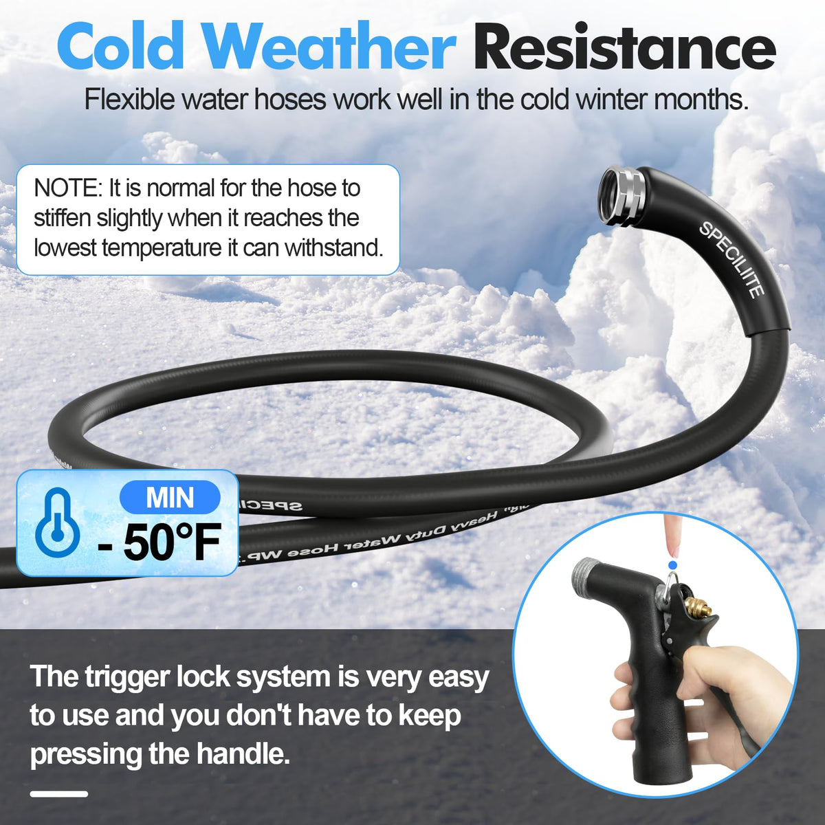 SPECILITE hose with stainless fittings close-up, leak-proof and rust-resistant.