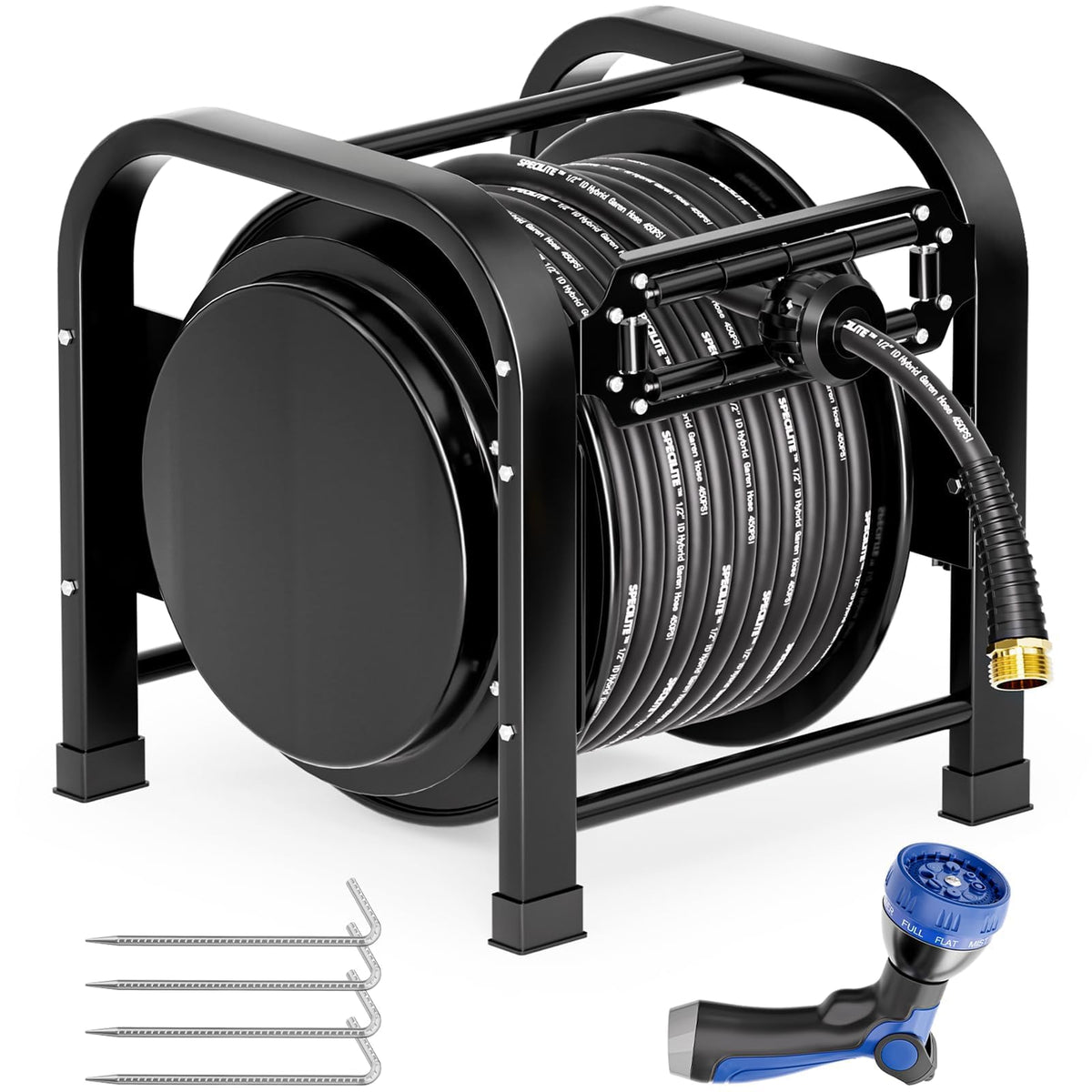 SPECILITE retractable hose reel front view showing durable metal construction for longevity