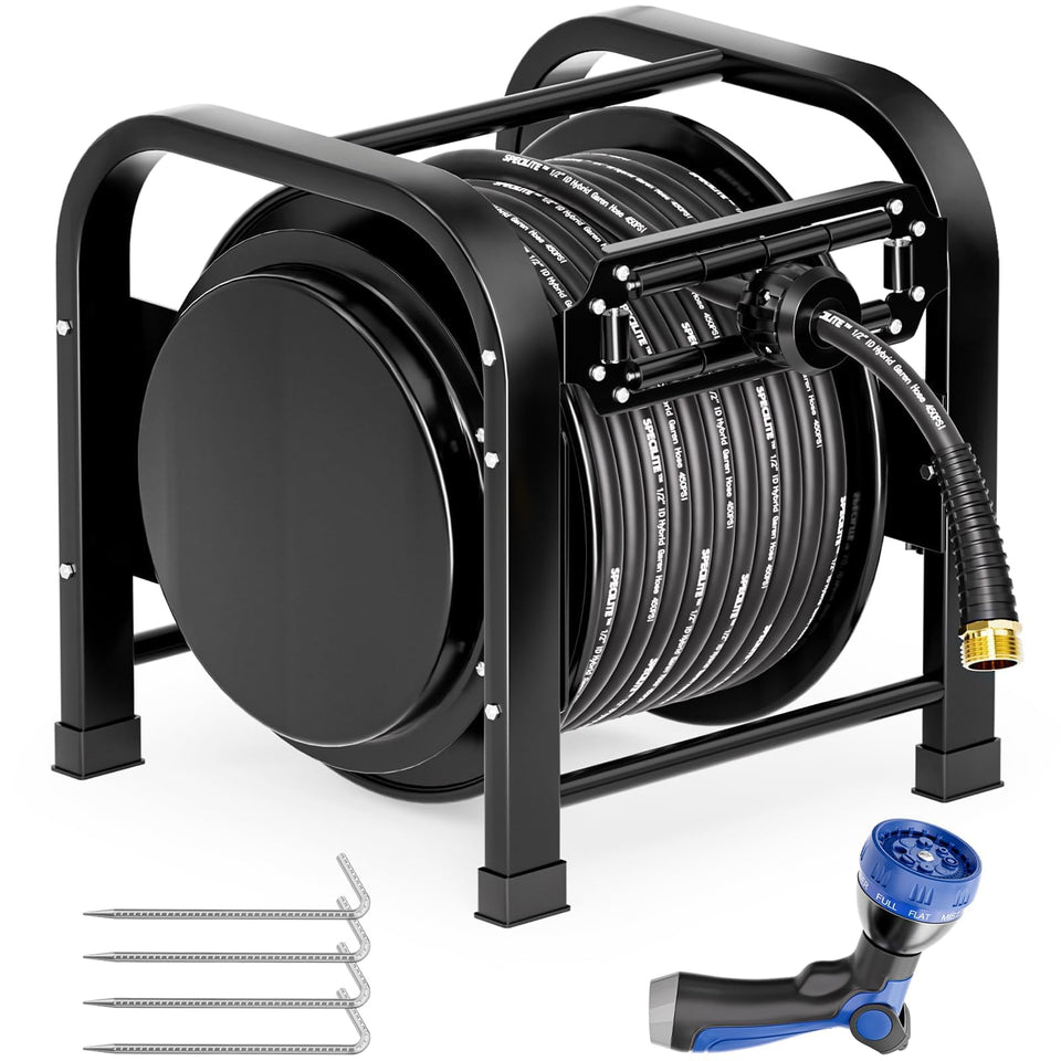 SPECILITE retractable hose reel front view showing durable metal construction for longevity