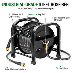 SPECILITE retractable hose reel side view highlighting rugged metal build