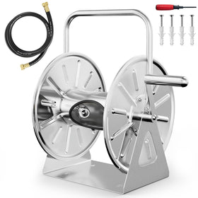 SPECILITE stainless-steel hose reel mounted on a wall for organized watering.
