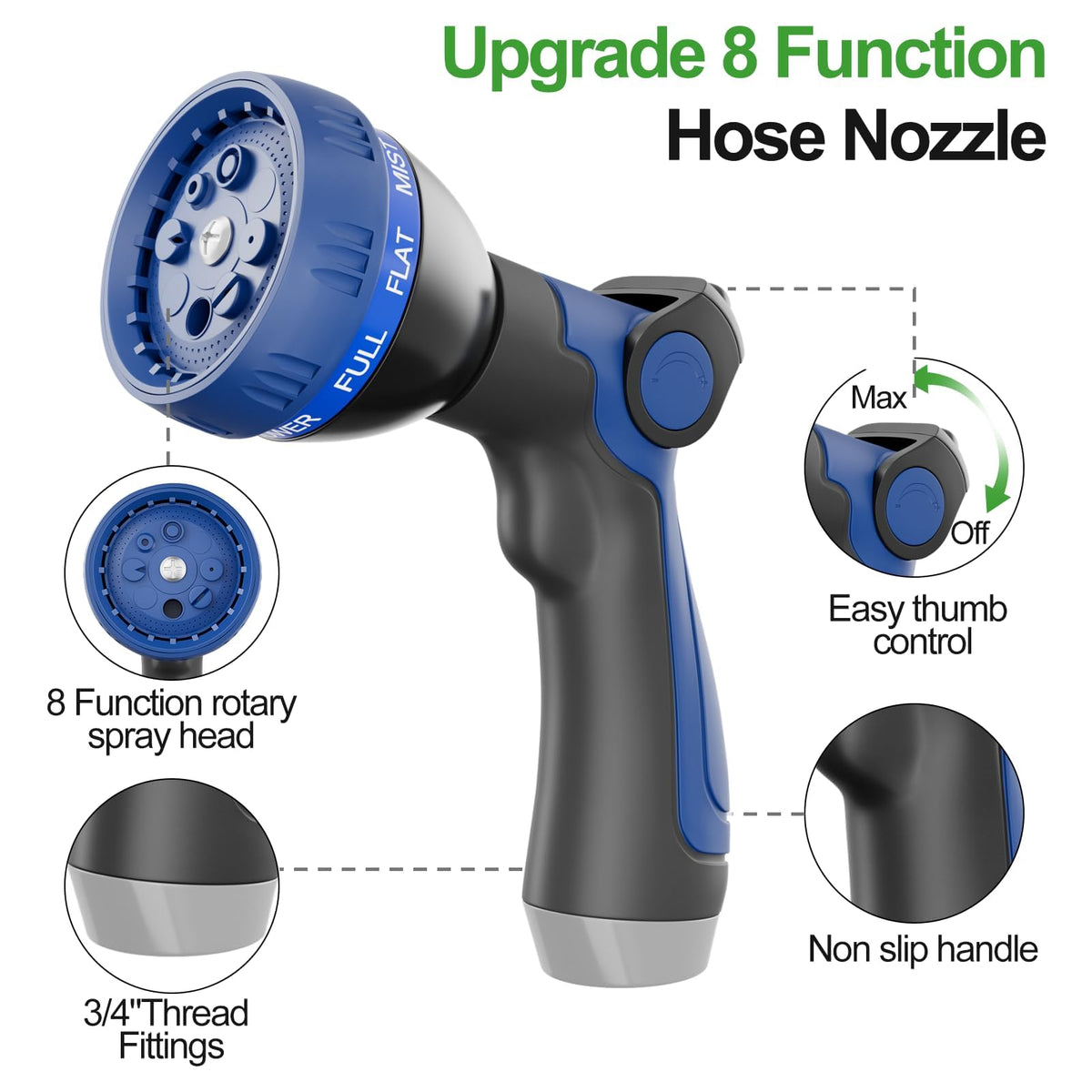 SPECILITE upgraded 8-way nozzle offers versatile spray patterns.