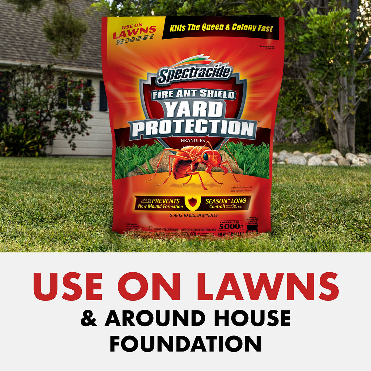 Spectracide Fire Ant Shield lawn protection scene showing broad seasonal coverage.
