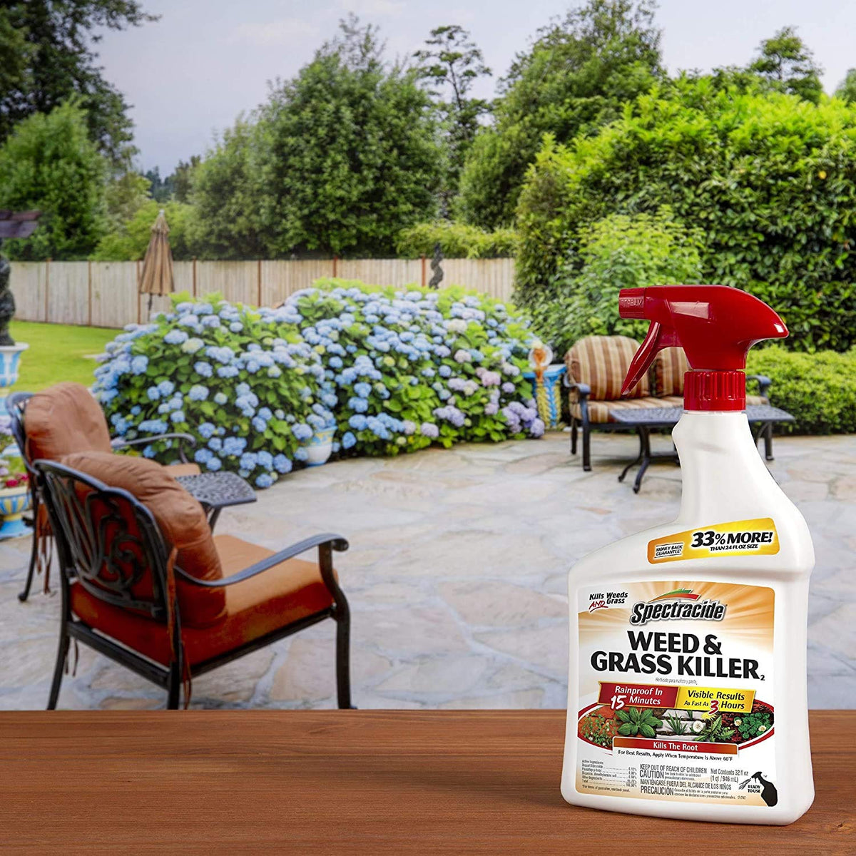 Spectracide weed killer used around trees and shrubs with protective shield.