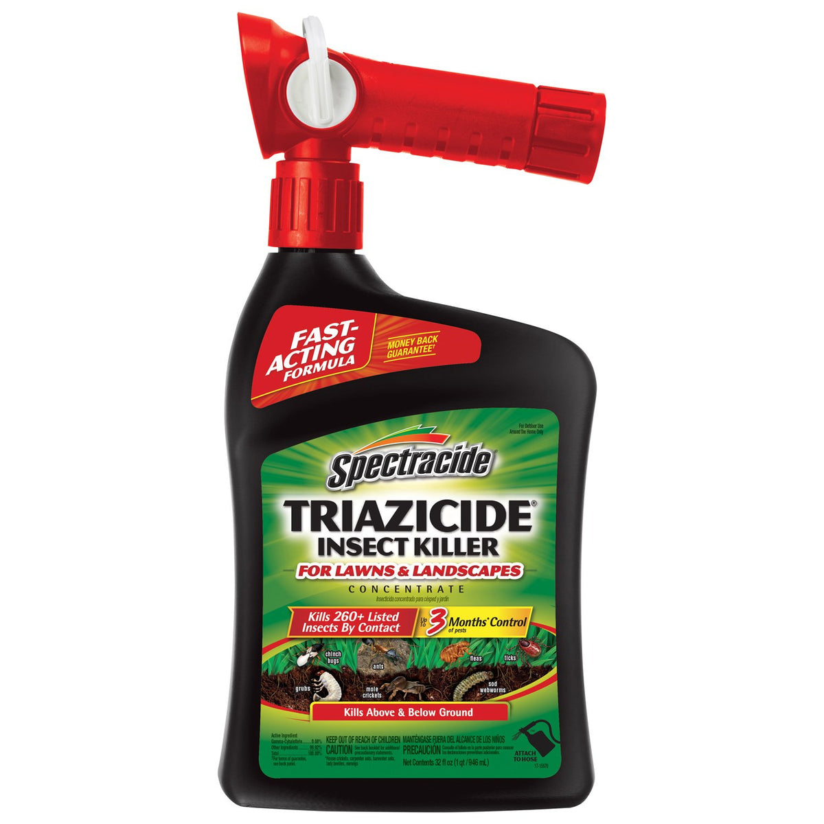 Spectracide Triazicide insect killer bottle shown for lawn protection against a broad range of pests