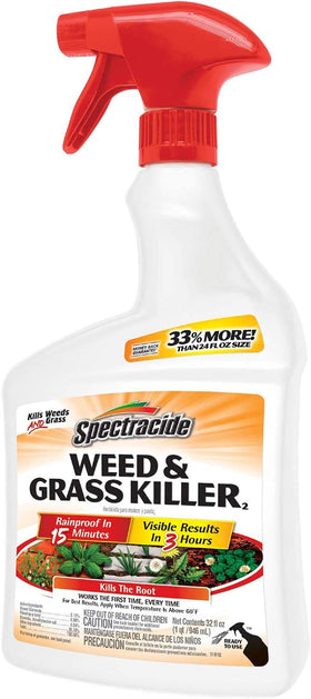 Spectracide weed killer spray action demonstrates easy application on beds and paths.