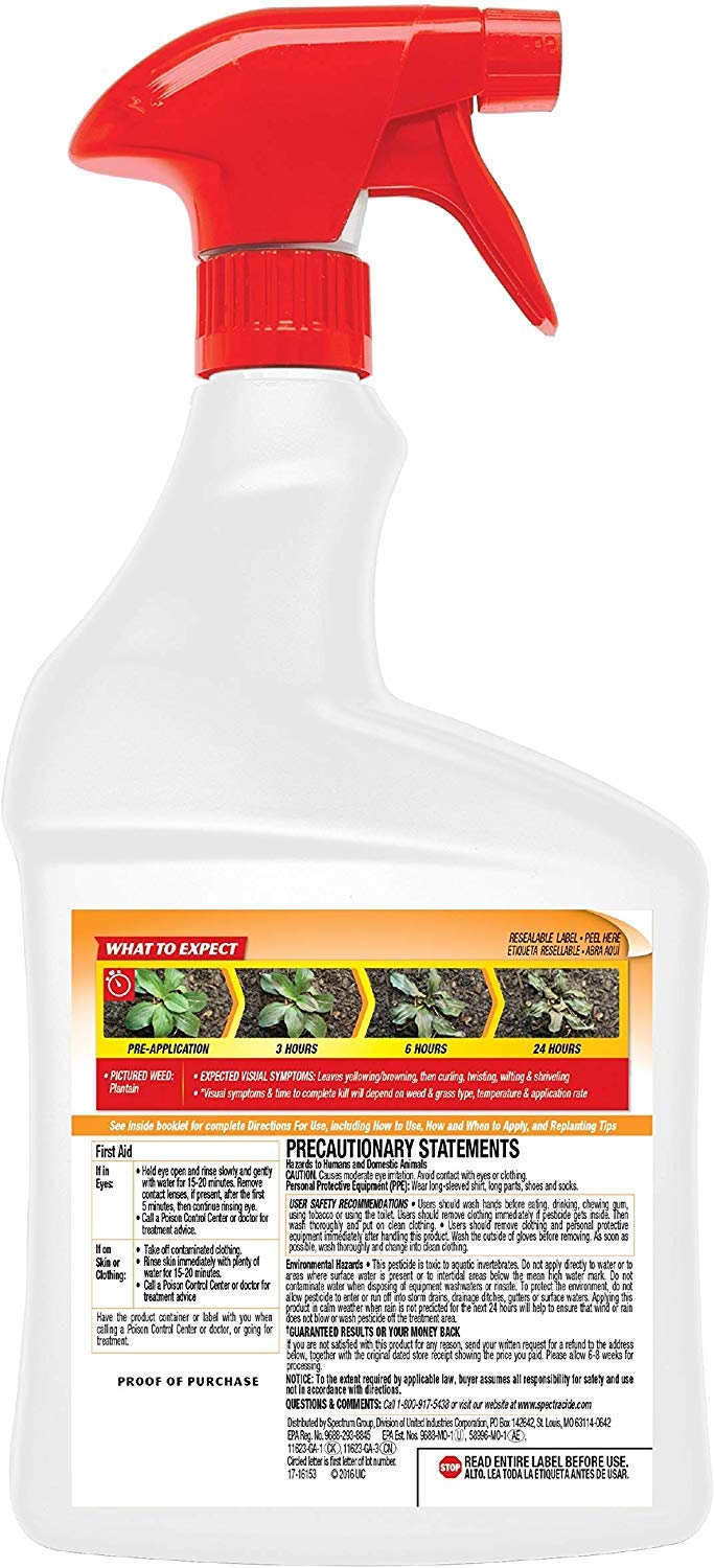 Spectracide weed killer close-up highlights root kill and fast results.