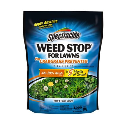 Spectracide Weed Stop lawn granules for crabgrass prevention; up to 3,000 sq ft.