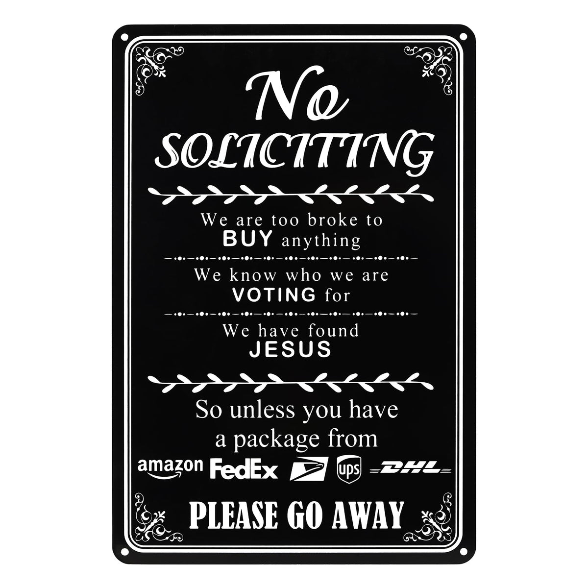 SPEPLA funny no soliciting sign on front door closeup shows clear text deterring unwanted visits.