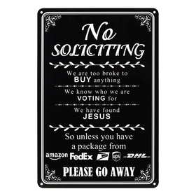 SPEPLA funny no soliciting sign on front door closeup shows clear text deterring unwanted visits.