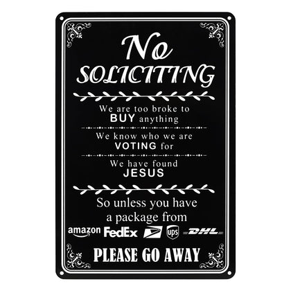 SPEPLA funny no soliciting sign on front door closeup shows clear text deterring unwanted visits.