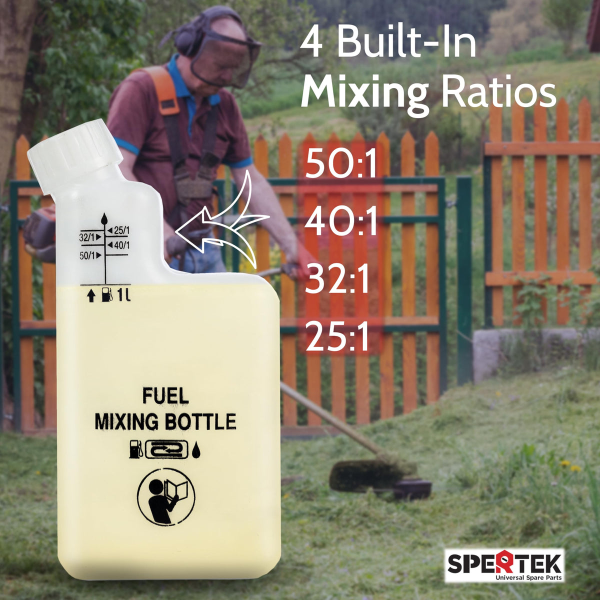 Spertek bottle with white cap for quick, tidy fuel mixing.