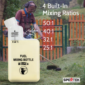 Spertek bottle with white cap for quick, tidy fuel mixing.