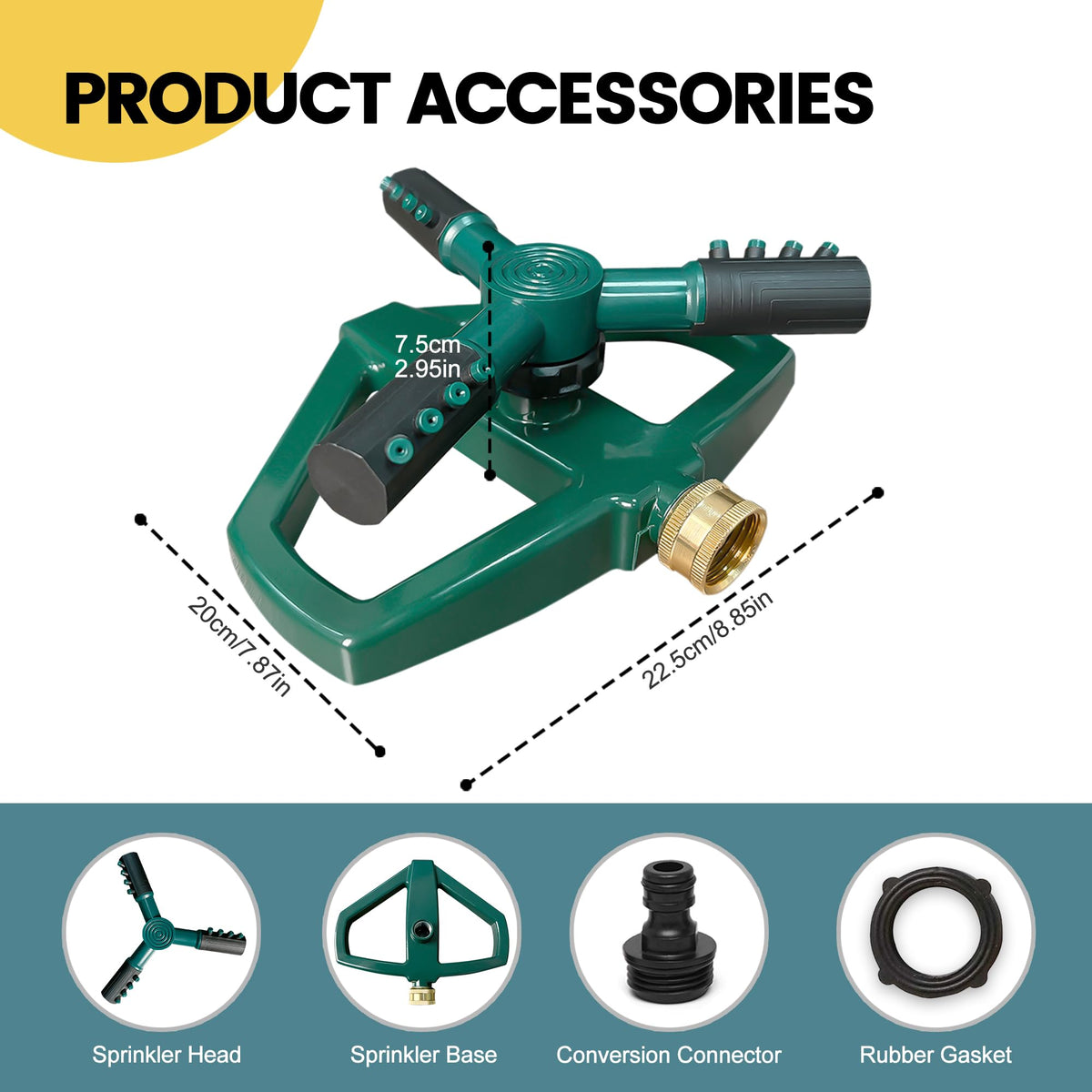SPHAN Sprinkler with durable metal base withstands sun exposure.