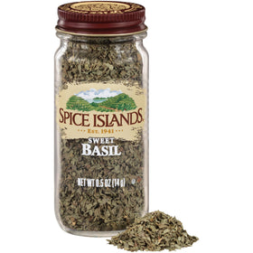 Spice Islands Sweet Basil bottle with bright aroma for quick cooking inspiration.