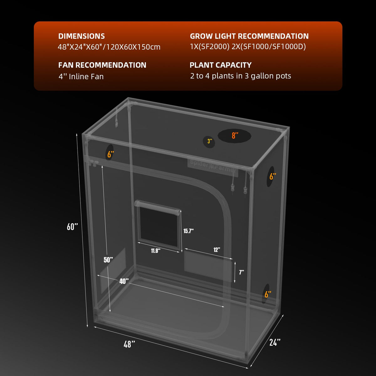 Spider Farmer 4x2 grow tent sturdy steel poles provide heavy-load support.