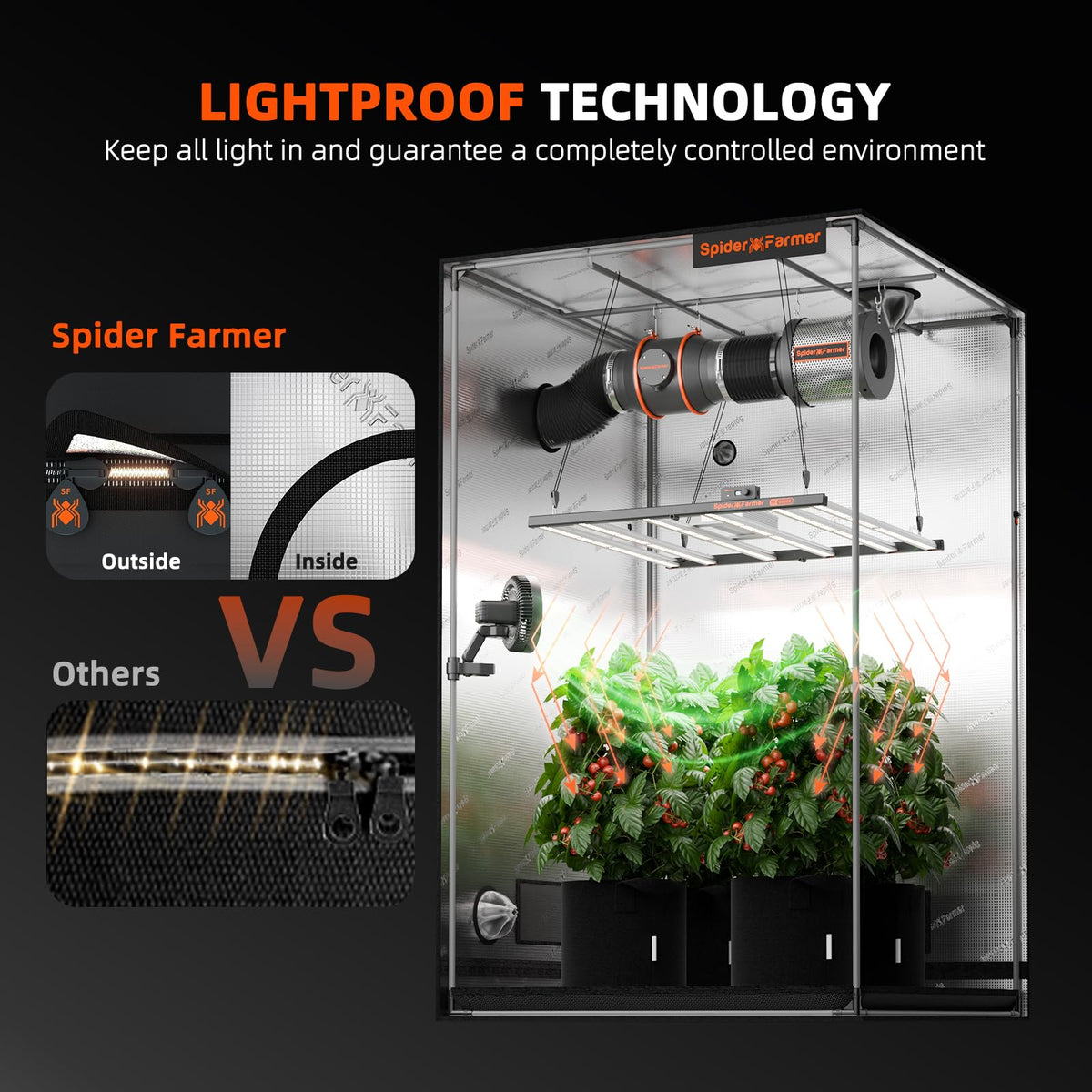 Spider Farmer 4x4 grow tent front view highlights spacious interior for plants.
