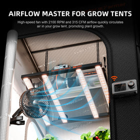 Spider Farmer clip fan 90-degree oscillation for wide air distribution.