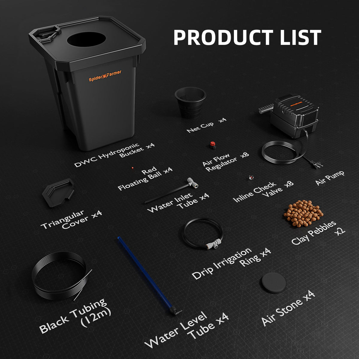 Spider Farmer DWC kit includes pumps, tubes, stones, cups, and accessories for setup.