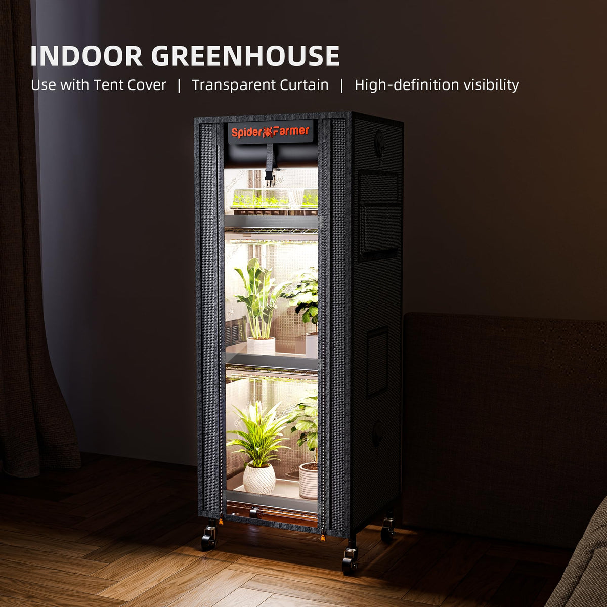 Height-adjustable shelves illustrate flexible spacing for various plants.