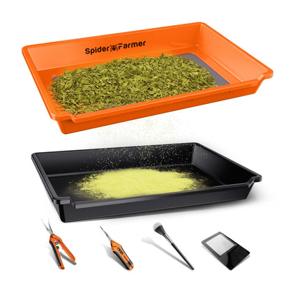 Spider Farmer trim tray with 150 micron screen for efficient pollen collection.