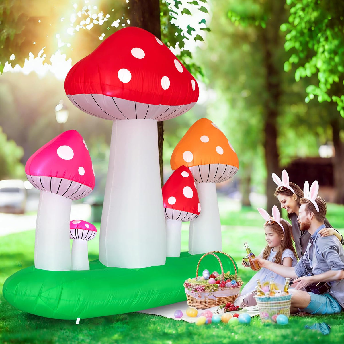 Spinosaurus inflatable mushroom inflating with built-in blower for quick setup