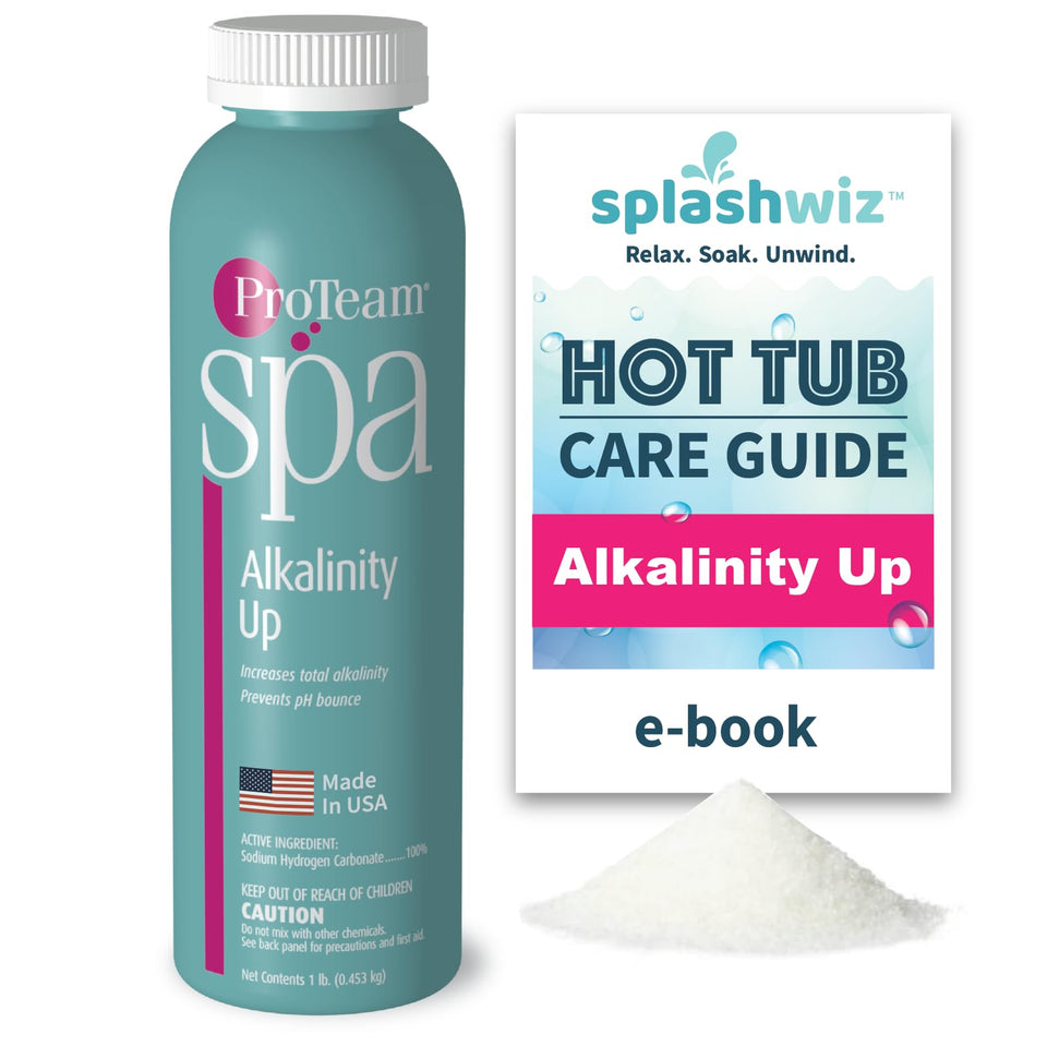 SplashWiz ProTeam Alkalinity Up bottle balances spa water for steadier pH