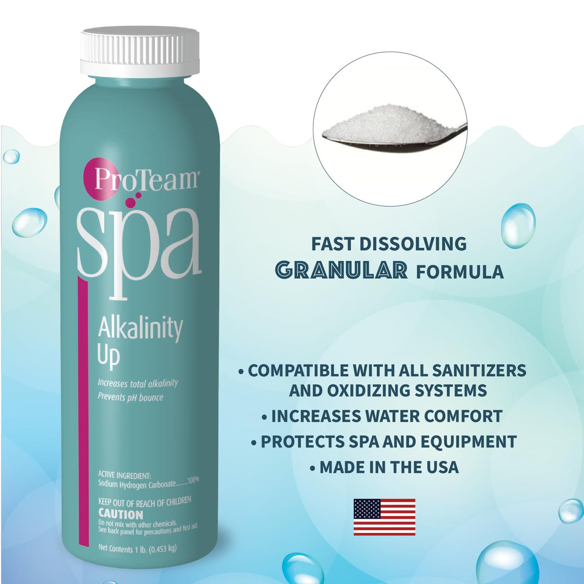SplashWiz ProTeam Alkalinity Up label shows usage and safety notes for spa care