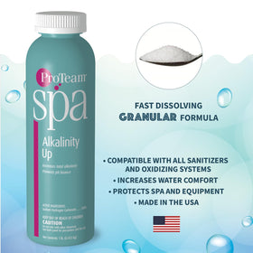 SplashWiz ProTeam Alkalinity Up label shows usage and safety notes for spa care