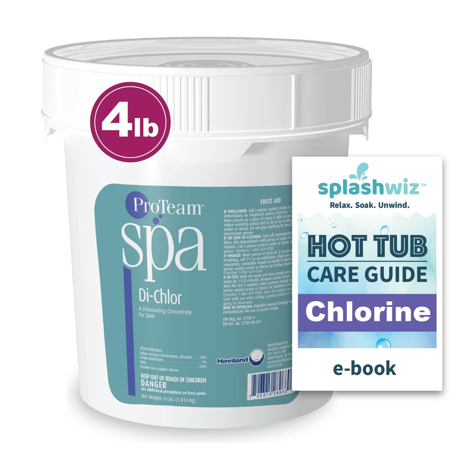 SplashWiz ProTeam Di-Chlor bottle front for quick spa sanitizing.