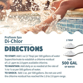 SplashWiz Di-Chlor bottle highlighting versatility for daily sanitizing and weekly shocking.
