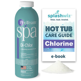 SplashWiz ProTeam Spa Di-Chlor bottle being poured for quick sanitizing action.