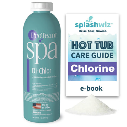 SplashWiz ProTeam Spa Di-Chlor bottle being poured for quick sanitizing action.