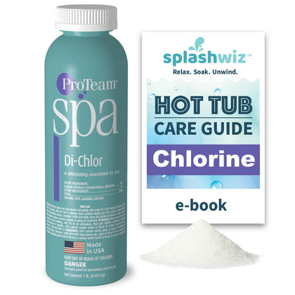 SplashWiz ProTeam Spa Di-Chlor bottle ready for spa sanitation.