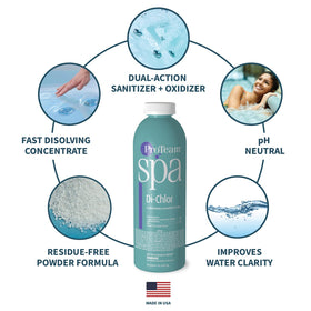 SplashWiz ProTeam Spa Di-Chlor granules dissolving rapidly in water for easy use.