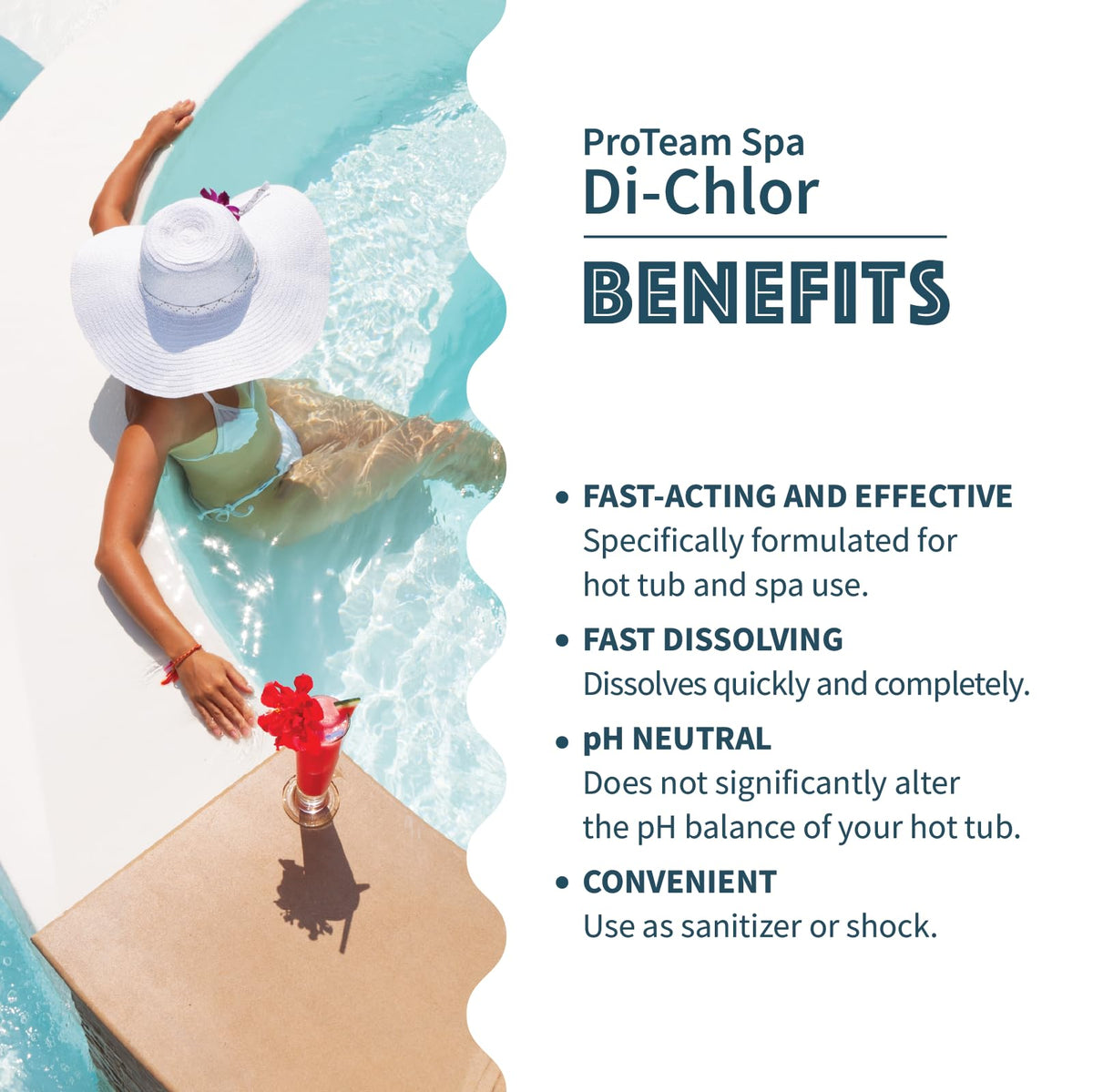 SplashWiz ProTeam Spa Di-Chlor near pH-neutral formula helping stable spa chemistry.