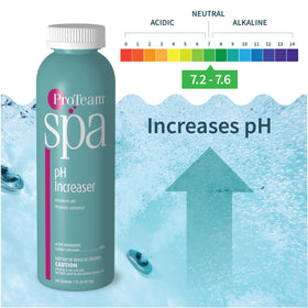 Closeup of SplashWiz ProTeam Spa pH Increaser bottle label guiding safe use.