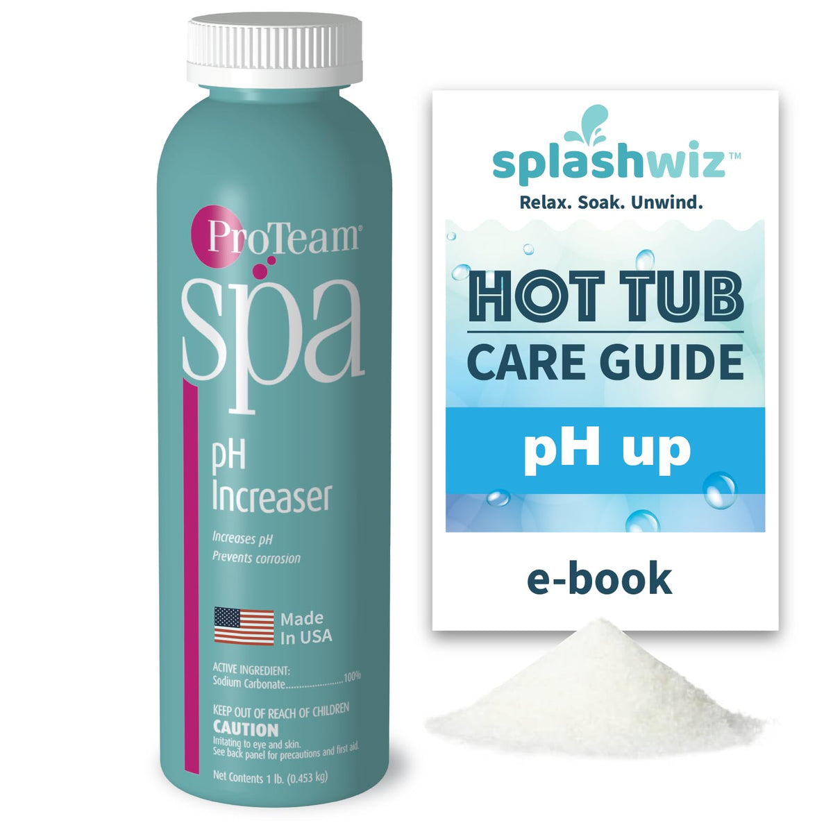 SplashWiz ProTeam Spa pH Increaser bottle being poured for quick pH rise before bathing.