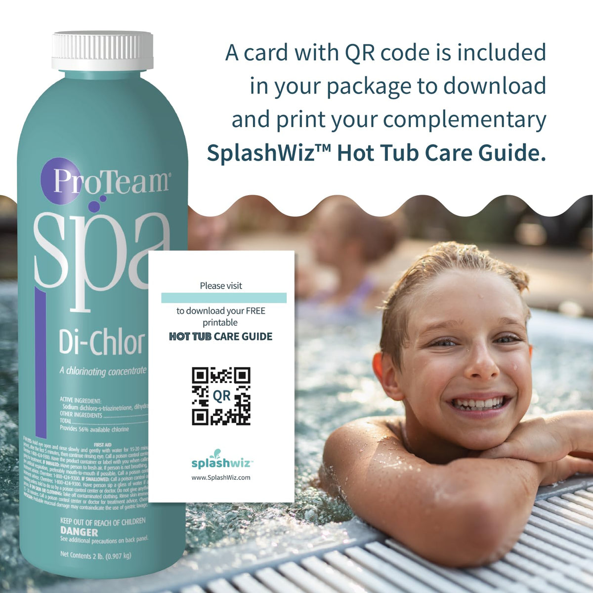 Close-up of SplashWiz packaging showing fast-acting chlorine.