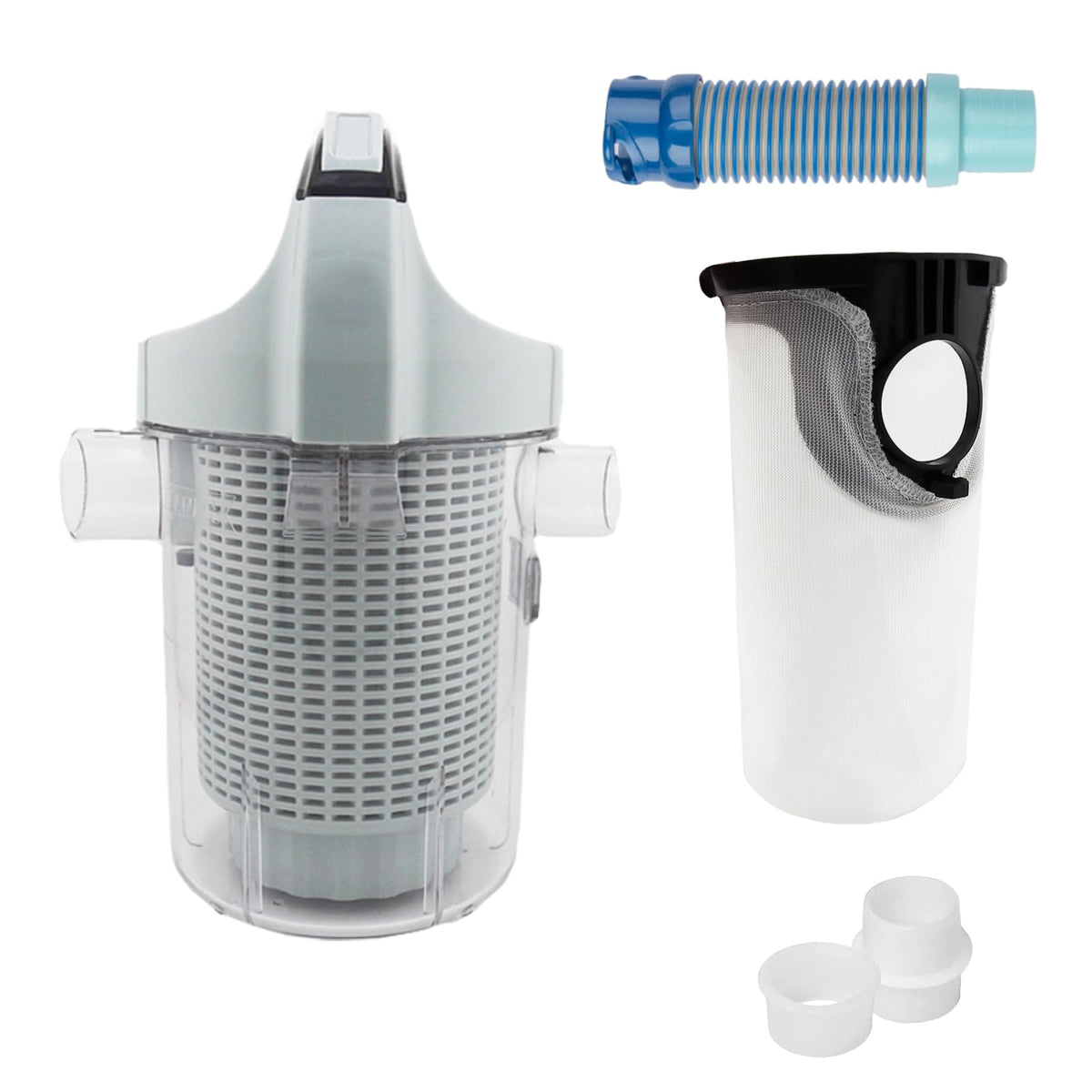 Splinova pool leaf canister inline filter in use for debris capture and maintenance