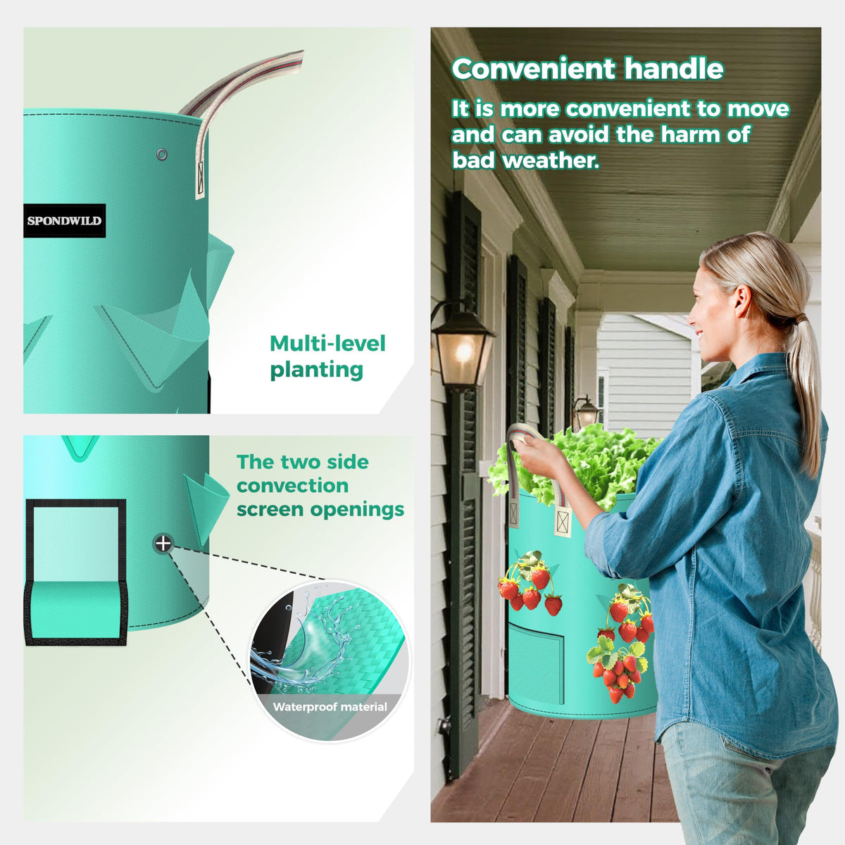 SPONDWILD reinforced extended handles enable easy transport even when full.