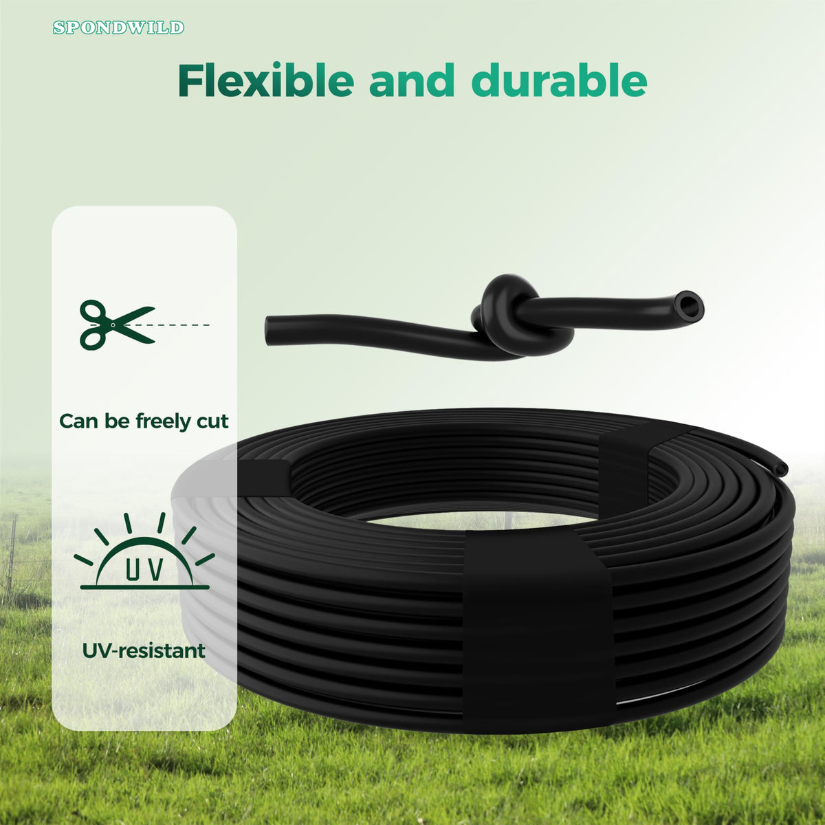 SPONDWILD wide-application tubing fits flower beds, veggies, and greenhouses.