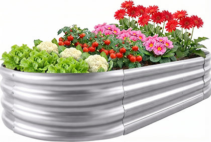 Sponvatt raised garden bed oval front view shows durable galvanized steel for outdoors.
