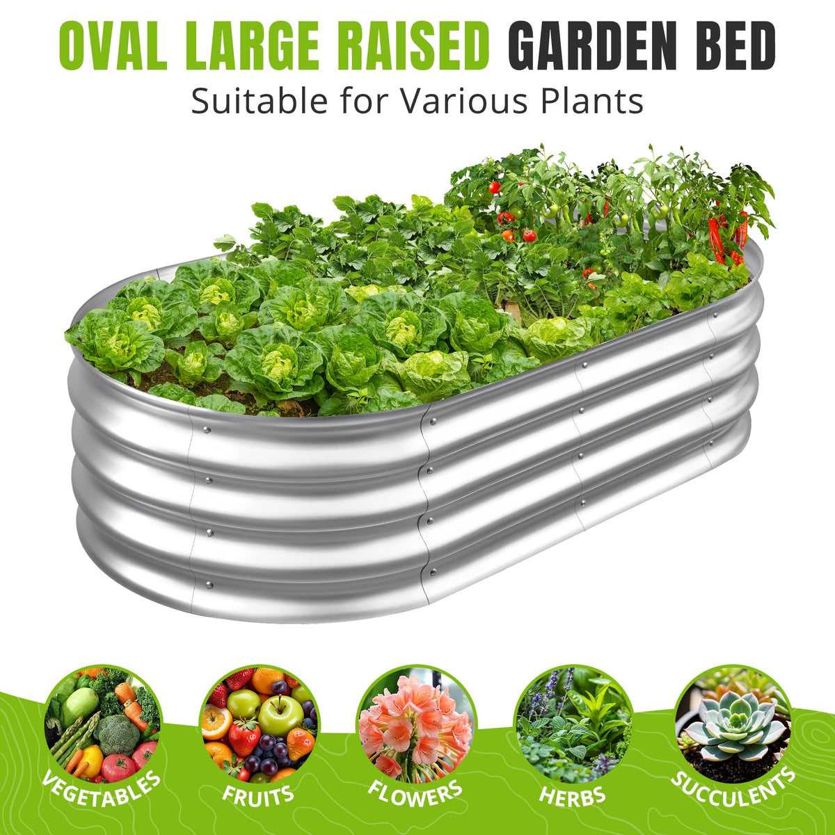 Sponvatt raised garden bed oval side view highlights spacious planting area.