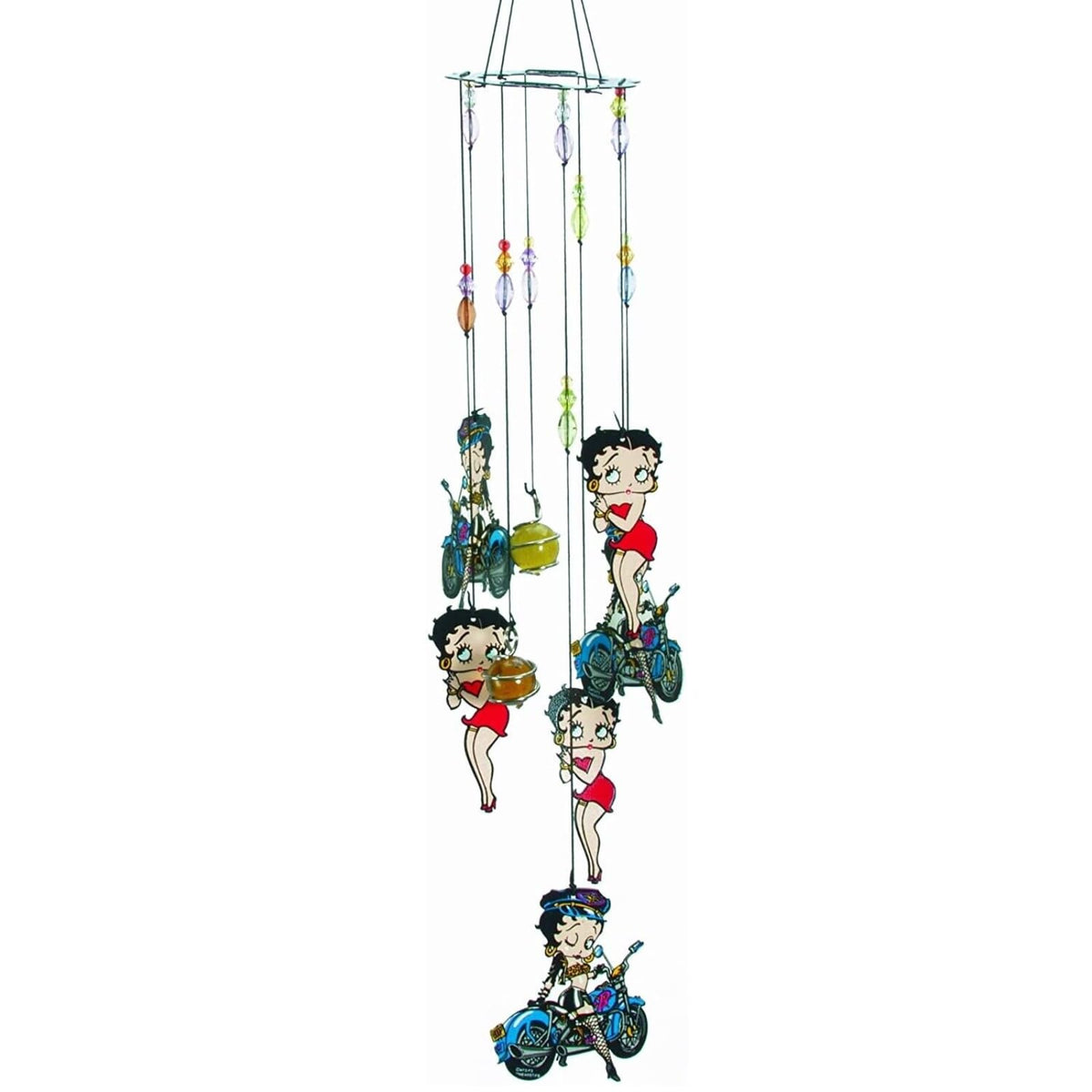 Spoontiques Betty Boop Biker Wind Chime close-up, featuring glass, steel and aluminum accents.