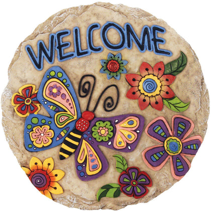 Spoontiques butterfly stepping stone with hand-painted detail adds a welcoming garden touch.